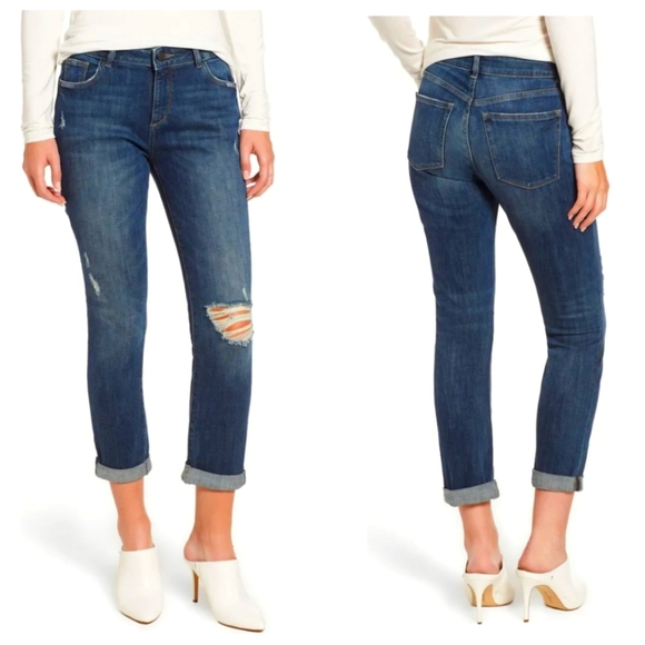 DL1961 Stevie Mid Rise Cuffed Slim Boyfriend Distressed jeans in Hawley size 32 - Picture 1 of 13